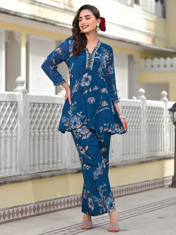 Trendy blue printed silk kurti set