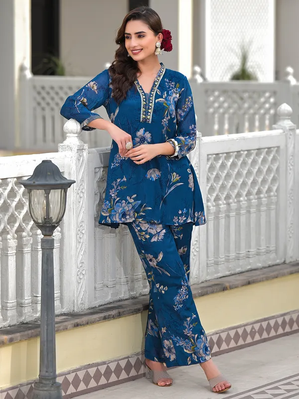 Trendy blue printed silk kurti set
