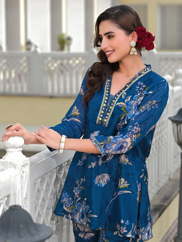 Trendy blue printed silk kurti set