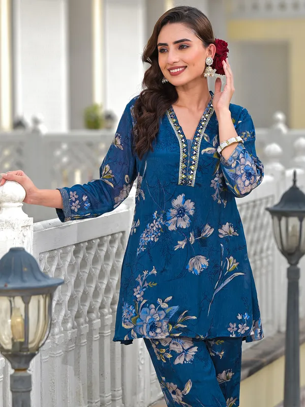 Trendy blue printed silk kurti set