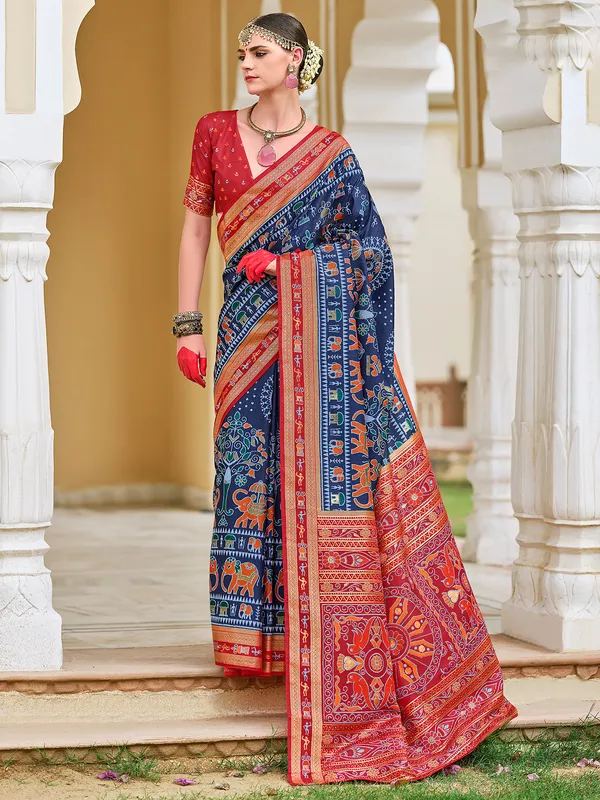 Trendy blue printed silk saree