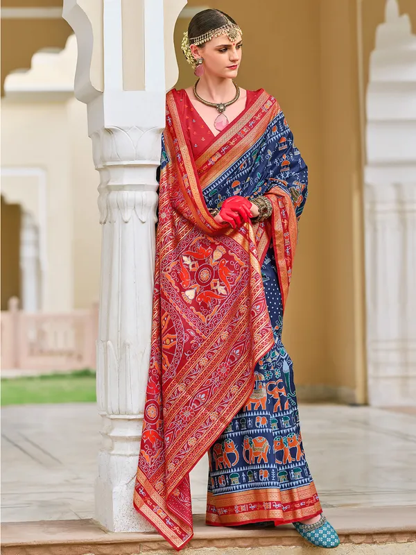 Trendy blue printed silk saree