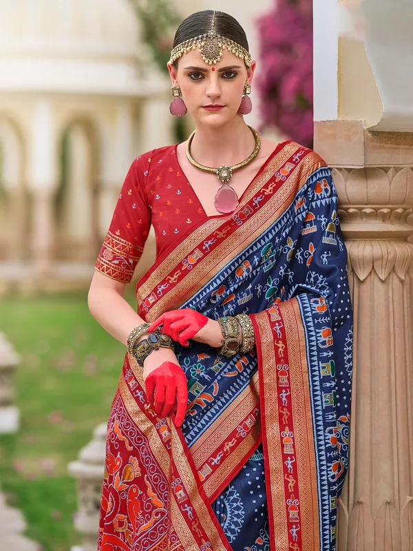 Trendy blue printed silk saree