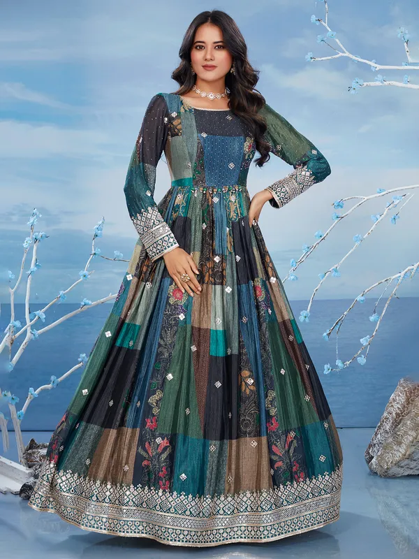 Trendy blue silk printed anarkali salwar suit