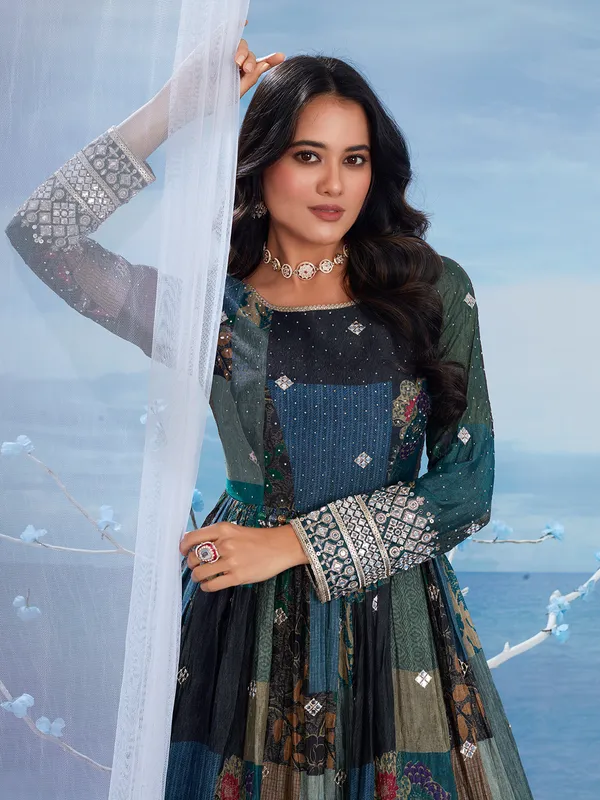 Trendy blue silk printed anarkali salwar suit
