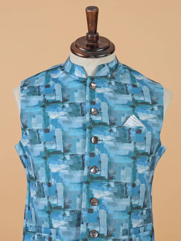 Trendy blue silk printed waistcoat