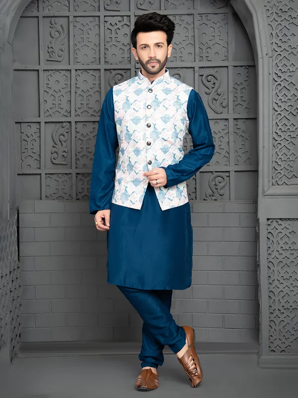 Trendy blue silk waistcoat set