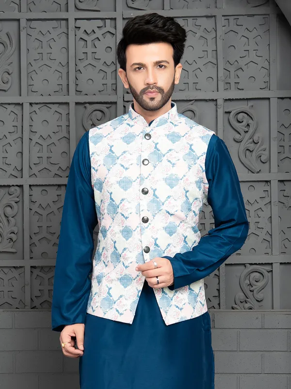 Trendy blue silk waistcoat set