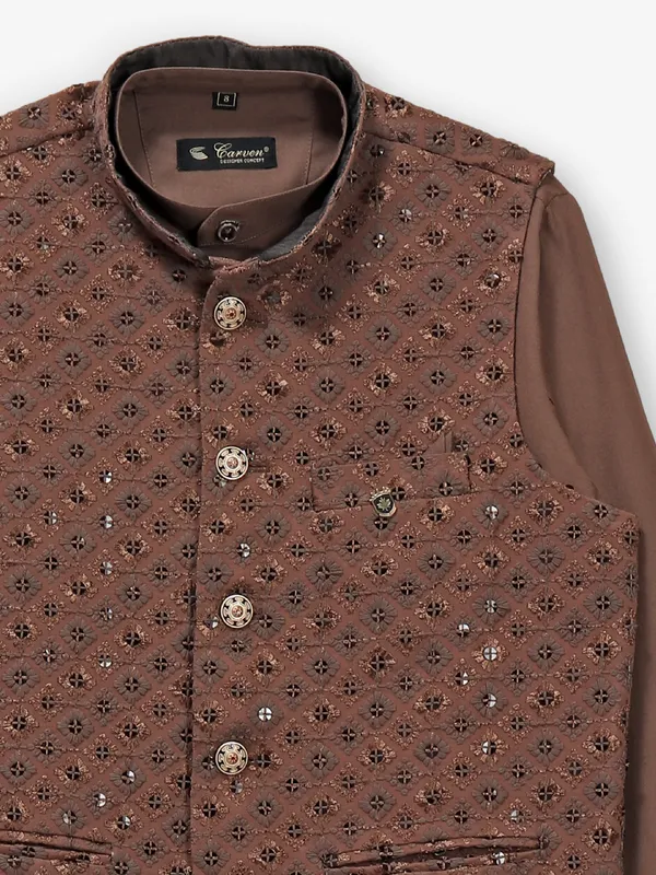 Trendy brown cotton silk waistcoat set