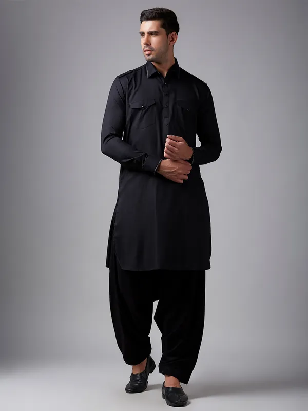 Trendy classy black plain pathani suit