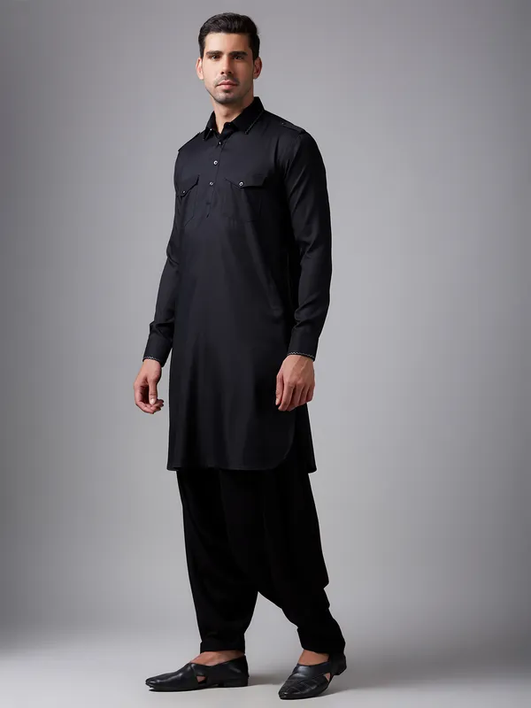 Trendy classy black plain pathani suit