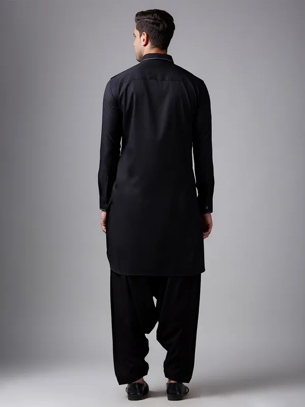 Trendy classy black plain pathani suit