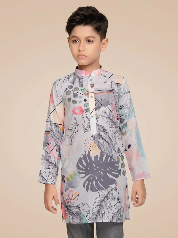 Trendy cotton grey printed kurta suit