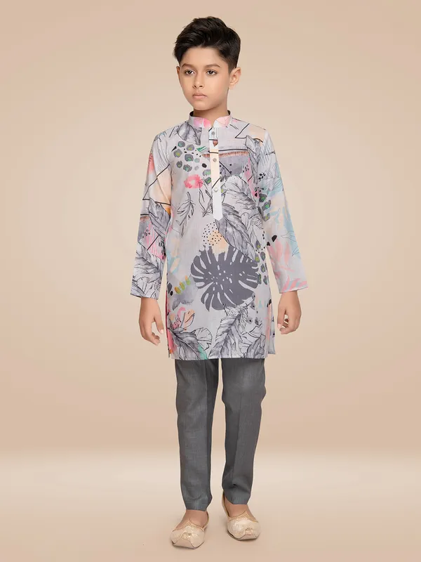 Trendy cotton grey printed kurta suit