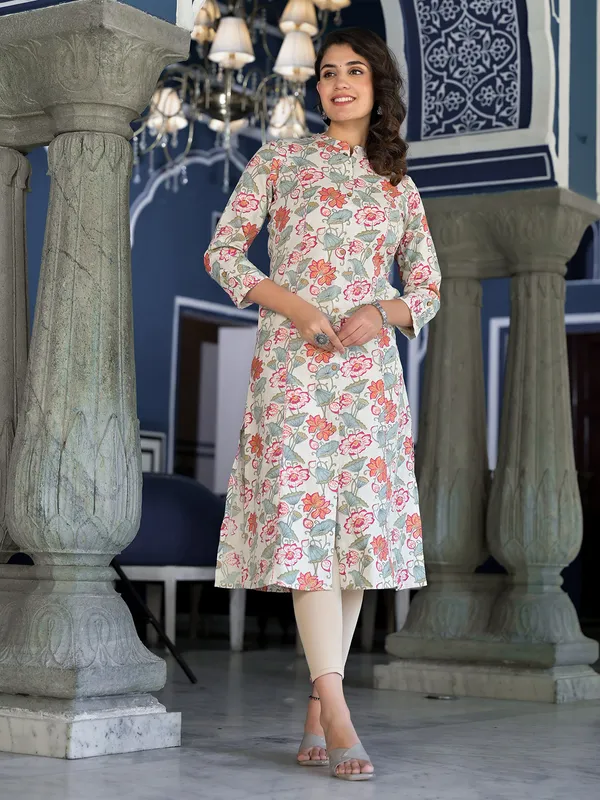 Trendy cotton off-white floral printed kurti