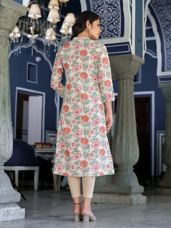 Trendy cotton off-white floral printed kurti