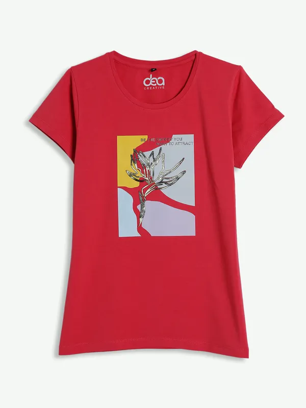 Trendy cotton red printed t shirt