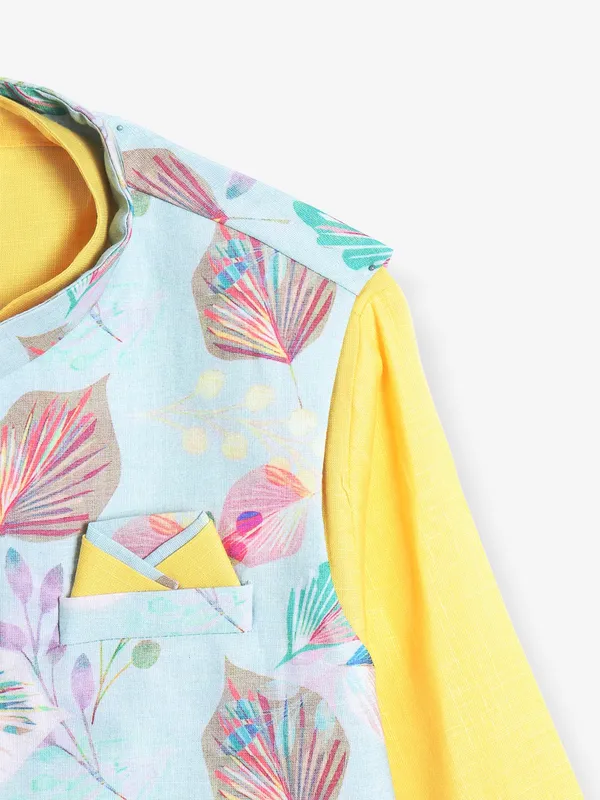 Trendy cotton sky blue and yellow printed waistcoat set
