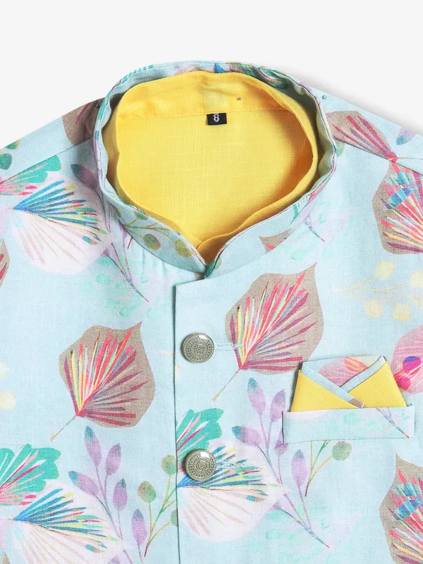 Trendy cotton sky blue and yellow printed waistcoat set