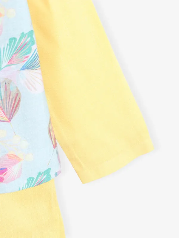 Trendy cotton sky blue and yellow printed waistcoat set