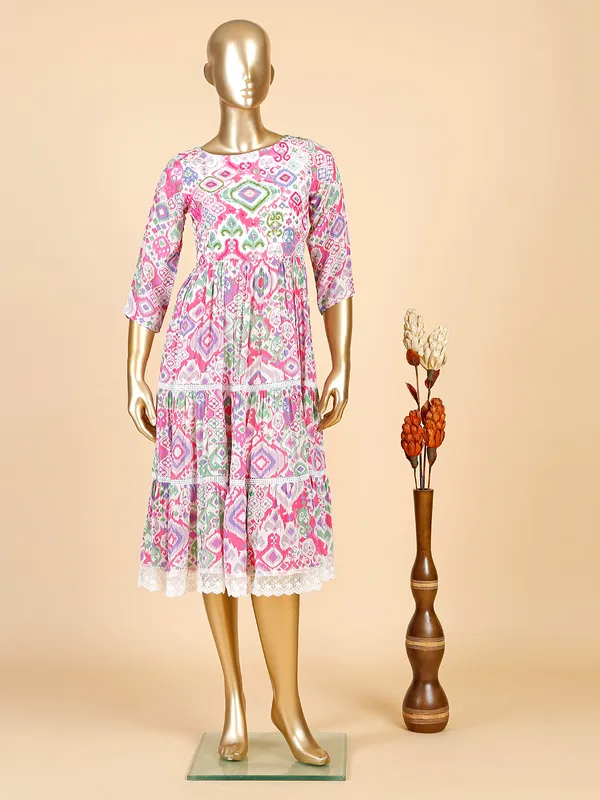 Trendy cream and pink printed silk kurti