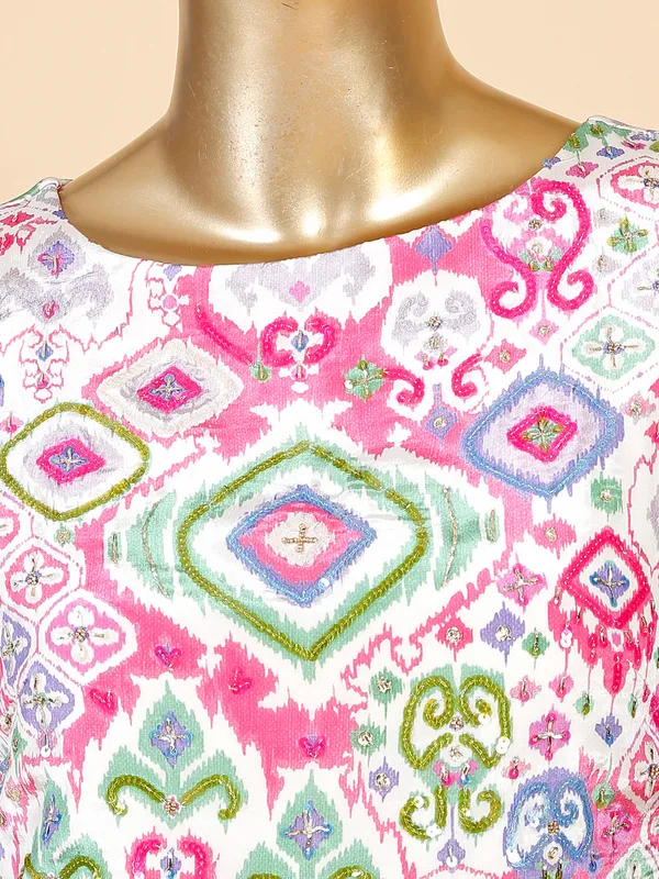 Trendy cream and pink printed silk kurti