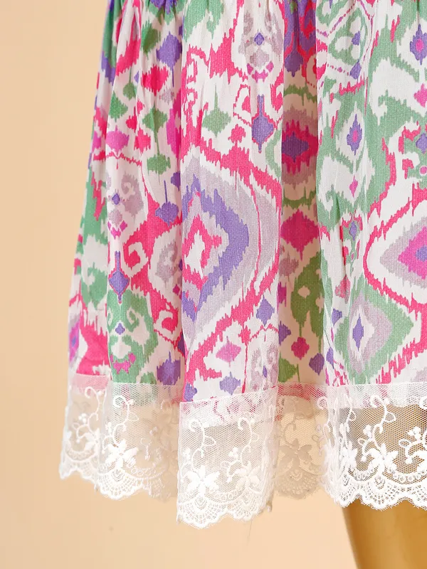 Trendy cream and pink printed silk kurti