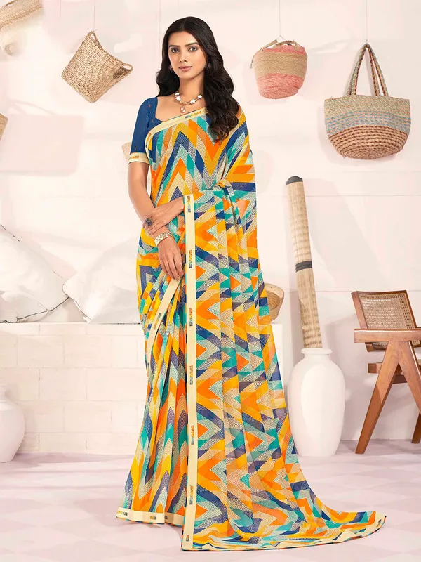 Trendy cream georgette printed saree