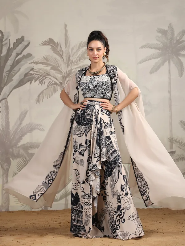 Trendy cream printed designer suit
