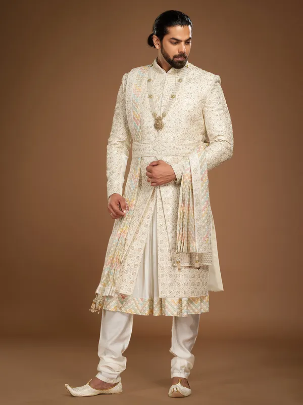 Trendy cream sherwani for groom