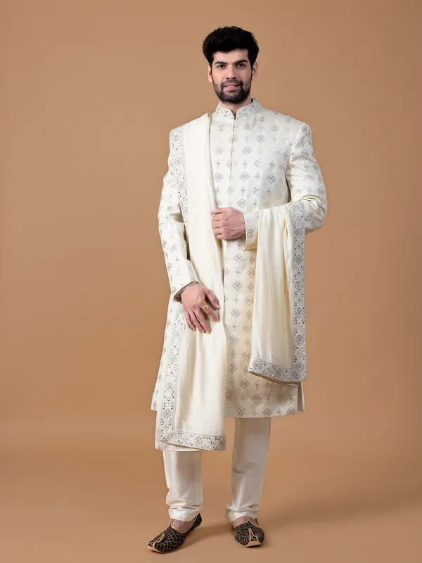 Trendy cream sherwani in silk