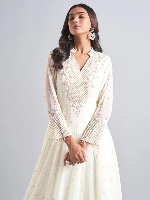 Trendy cream silk anarkali salwar suit