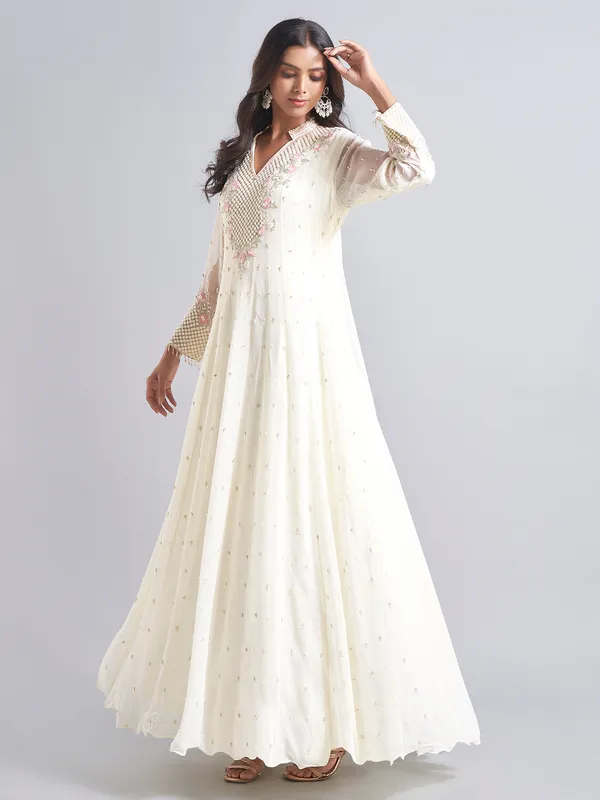 Trendy cream silk anarkali salwar suit