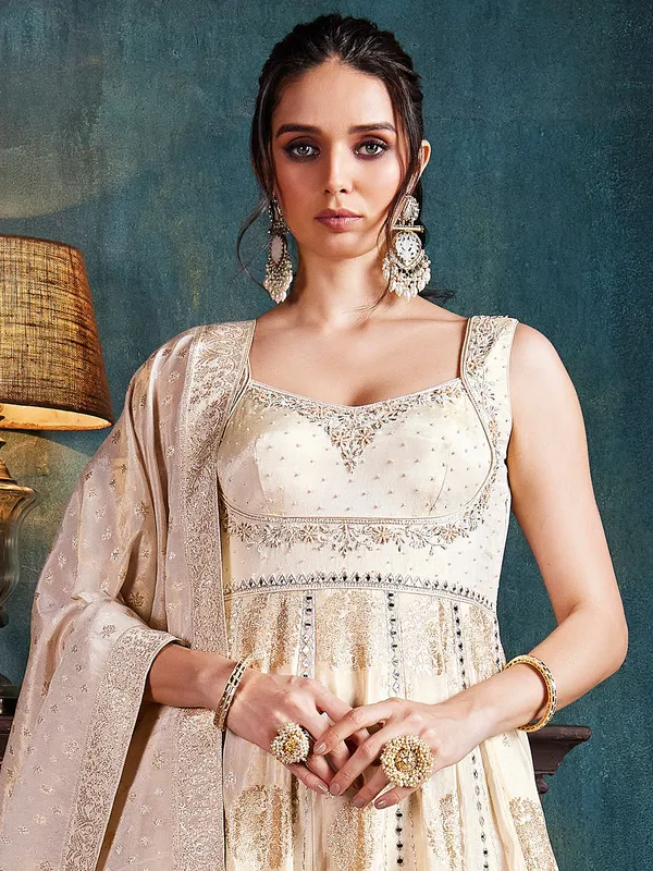 Trendy cream silk anarkali suit with dupatta