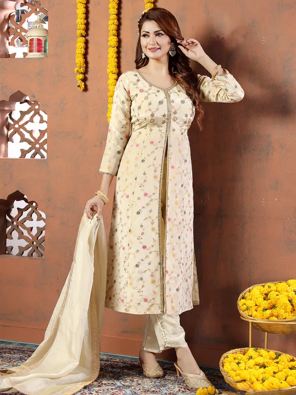 Trendy cream silk front slit salwar suit