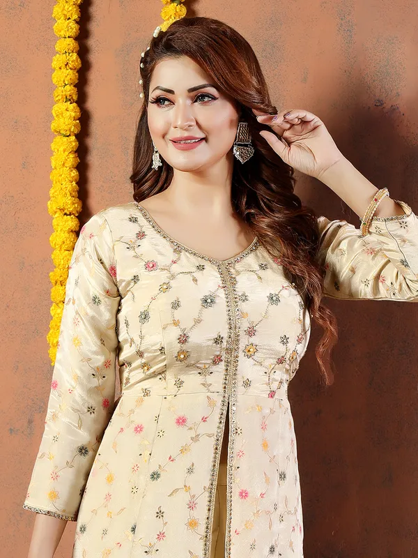 Trendy cream silk front slit salwar suit
