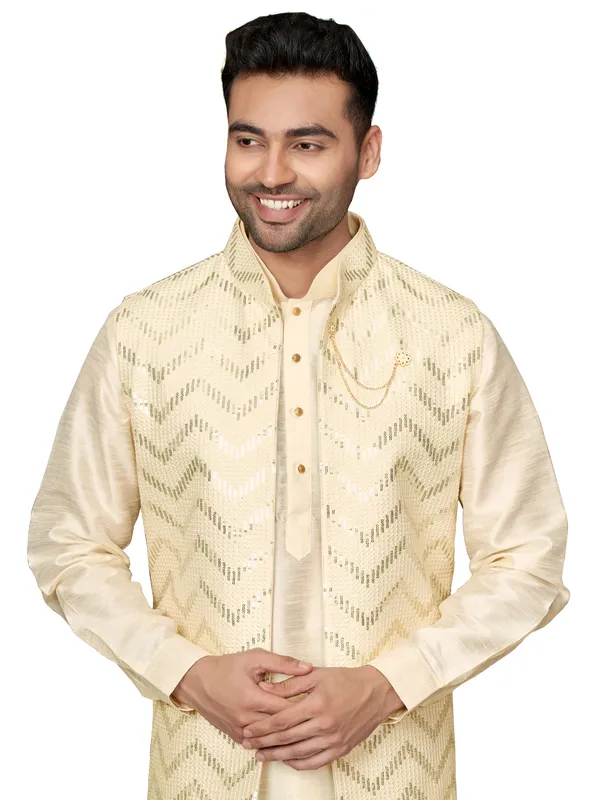 Trendy cream silk waistcoat set