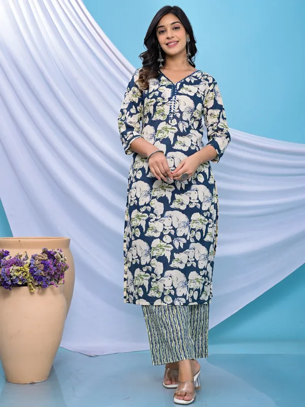 Trendy dark blue cotton kurti set