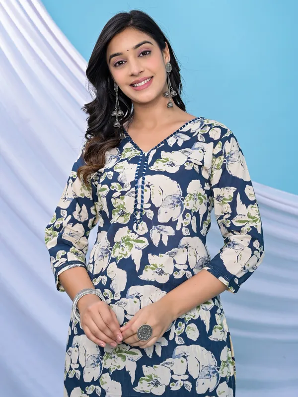 Trendy dark blue cotton kurti set