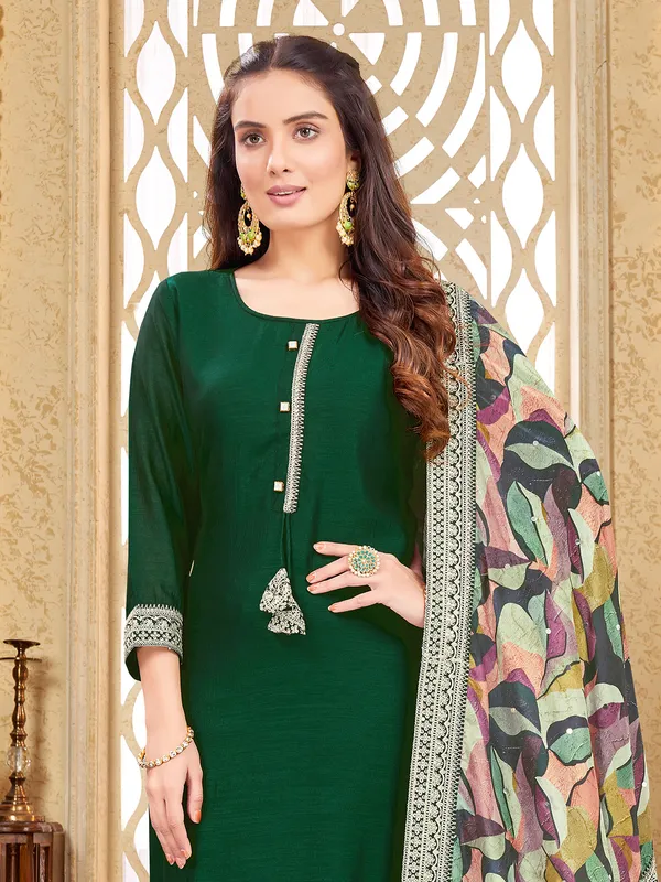 Trendy dark green silk straight cut salwar suit