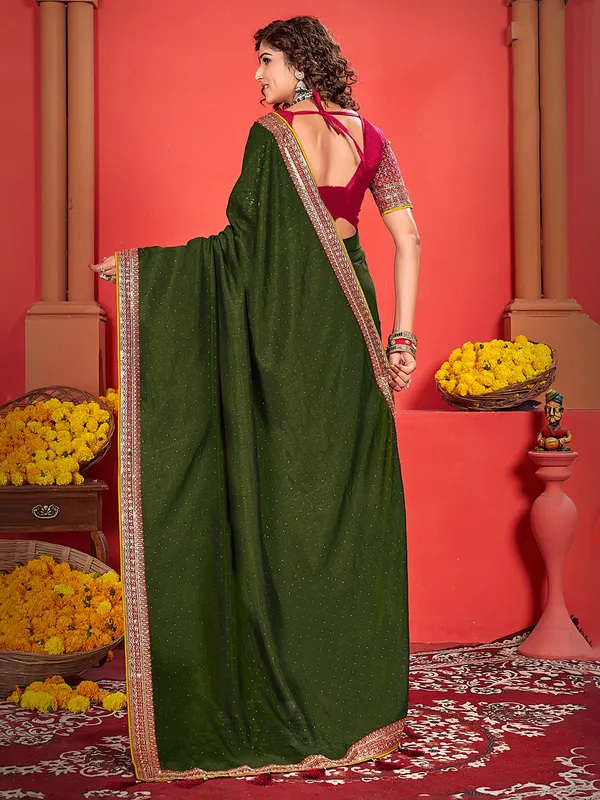 Trendy dark olive silk saree for festive