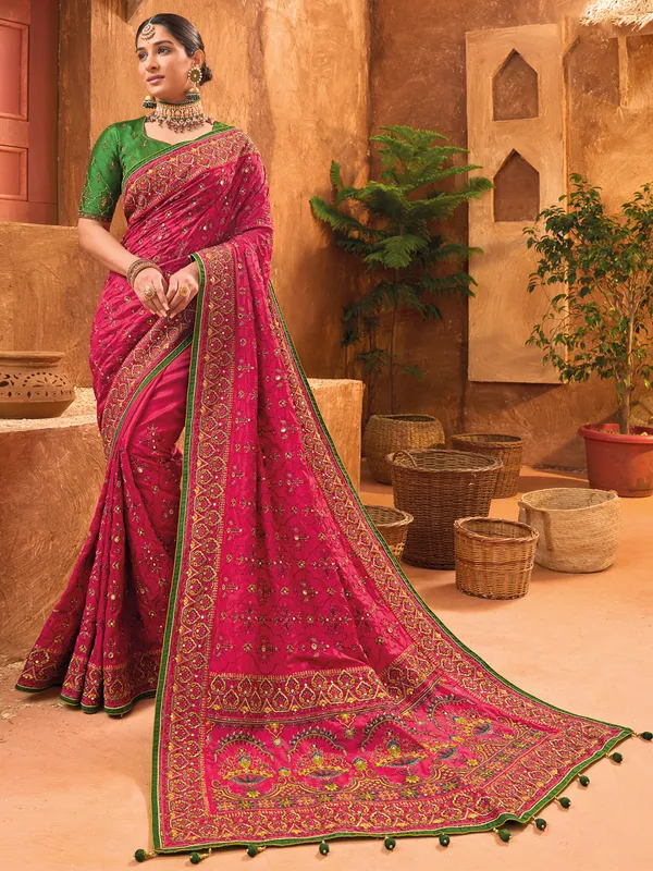 Trendy dark pink banarasi silk saree
