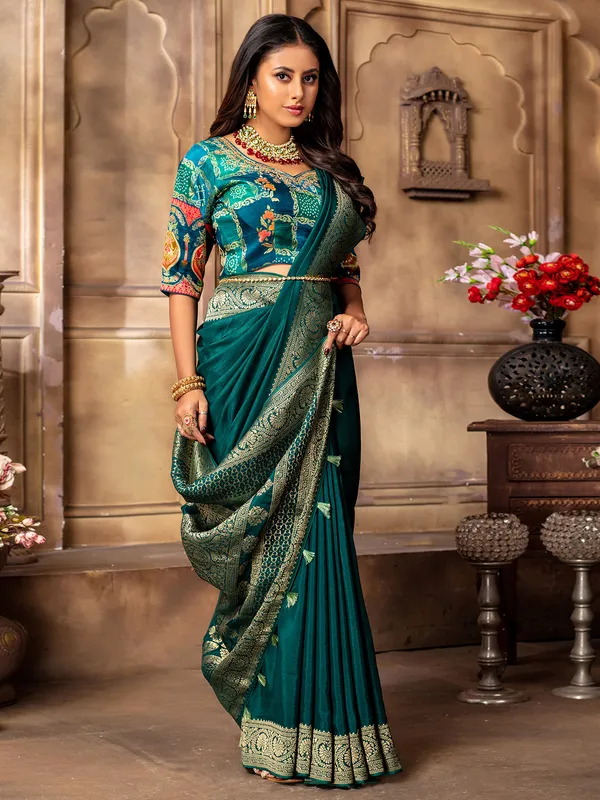 Trendy dola silk peacock blue saree
