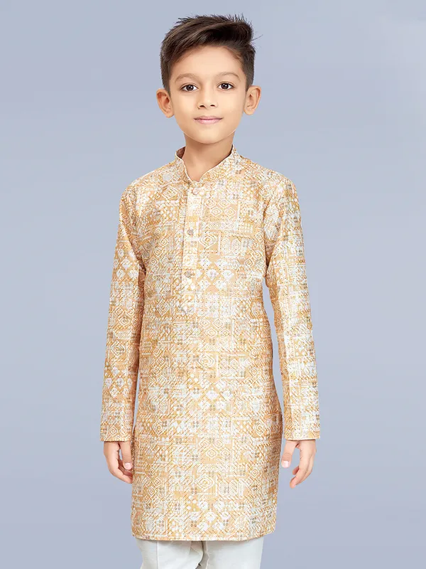 Trendy golden printed cotton silk kurta set for boys