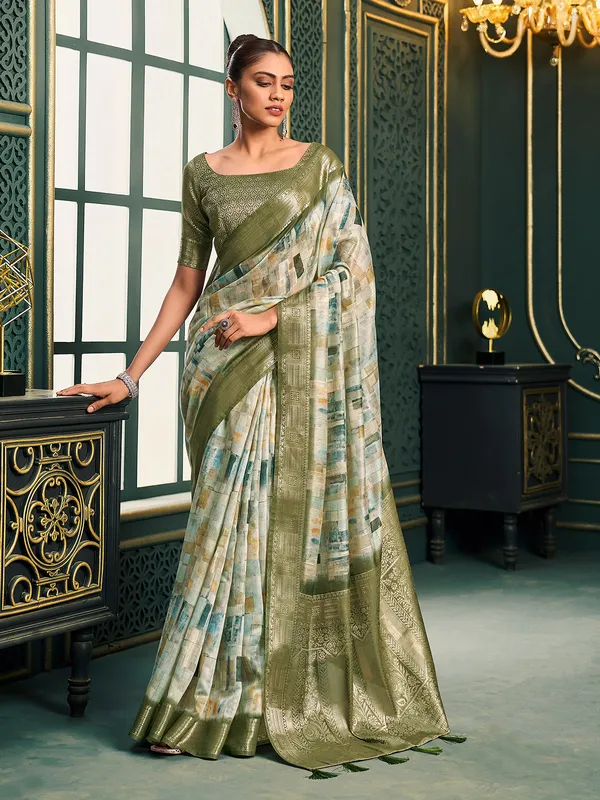 Trendy green cotton printed saree