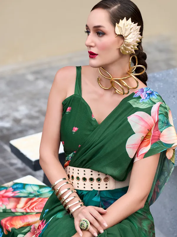Trendy green georgette saree for festive