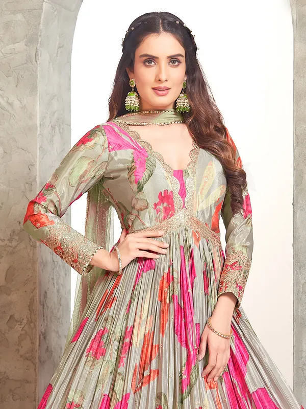 Trendy grey anarkali salwar suit with dupatta