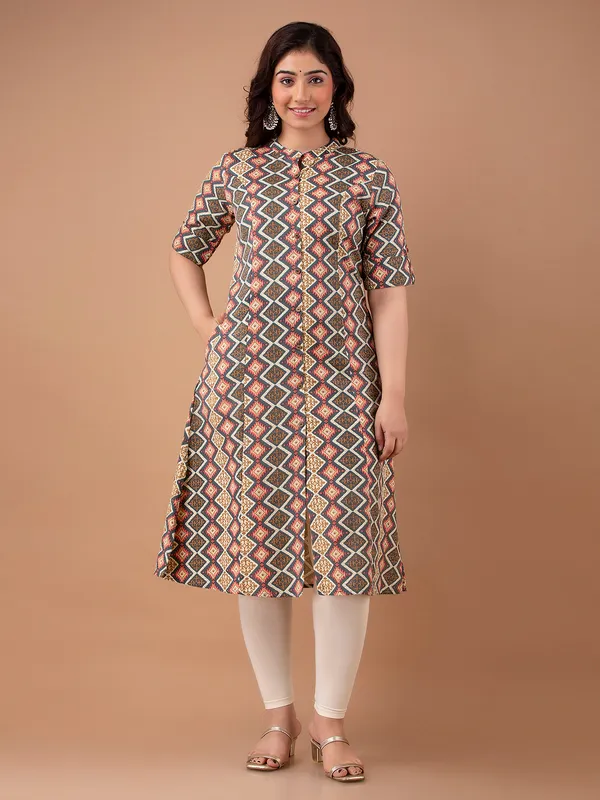 Trendy grey cotton printed casual kurti