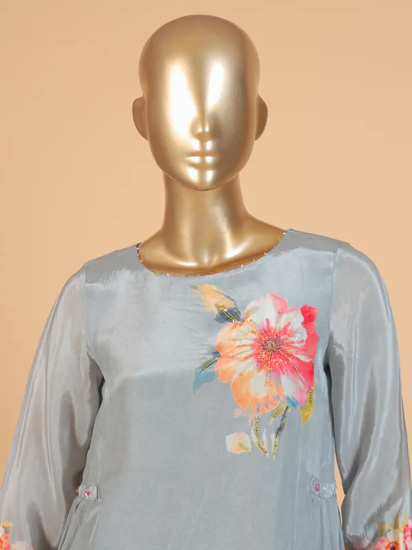 Trendy grey silk printed co-ord set