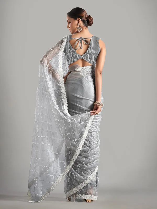 Trendy grey tissue silk saree